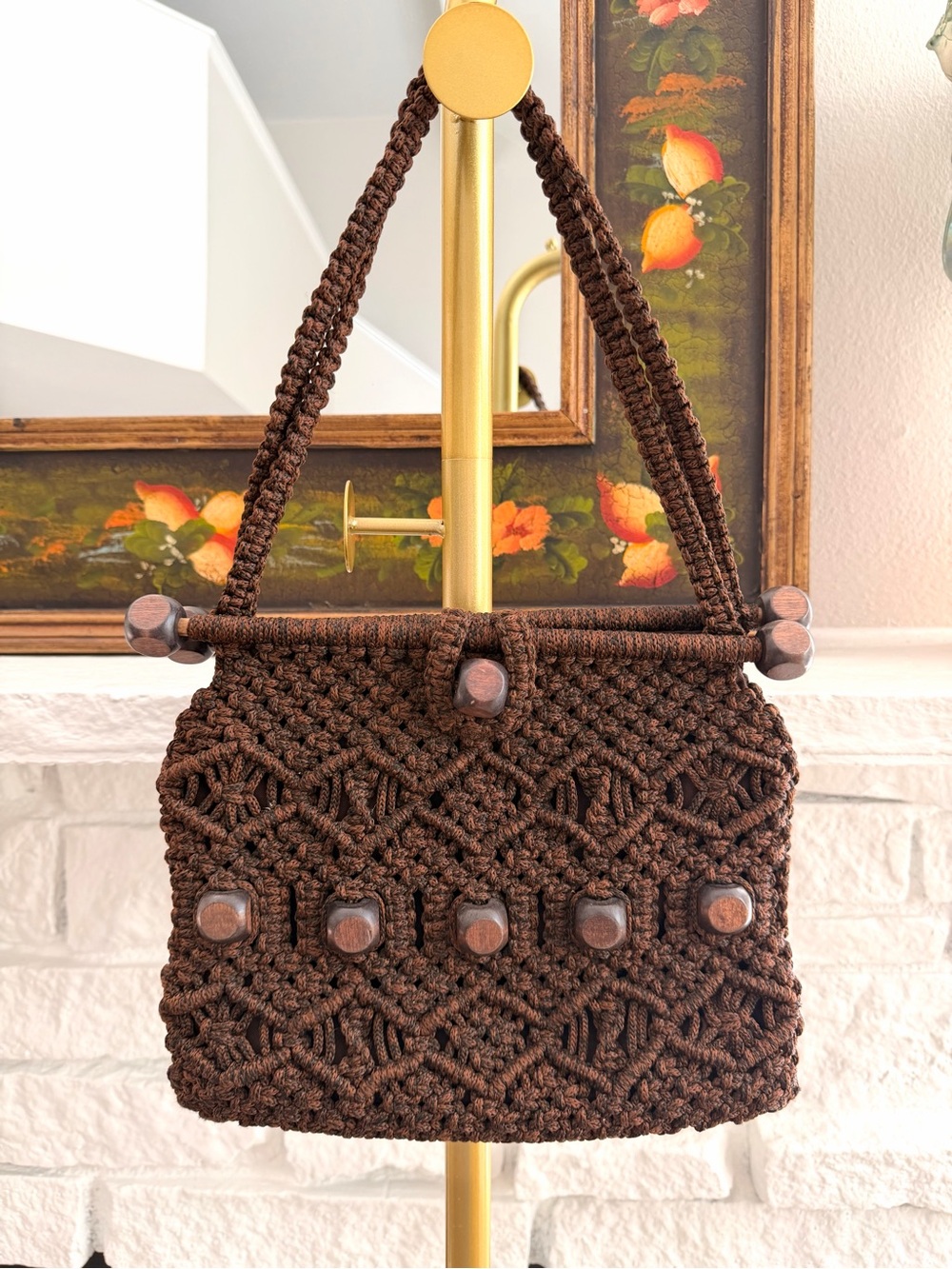 Vintage D Most Handmade Brown Macrame Wood Bead Shoulder Bag Boho Purse